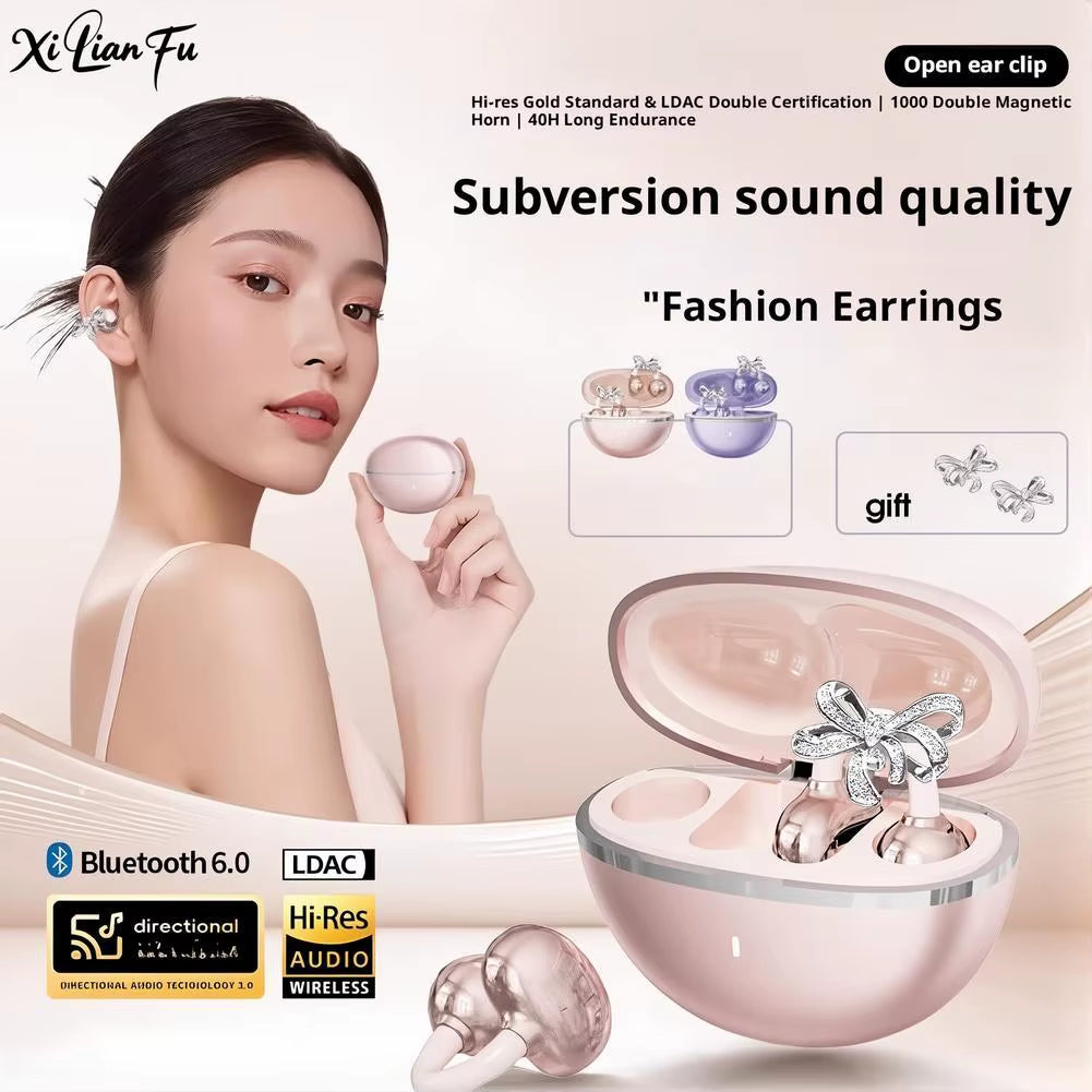 Clip-On Earbuds Wireless Bluetooth Open Ear Headphones with Detachable Crystal Bowknot Earrings, for Sports, Fitness & Workouts